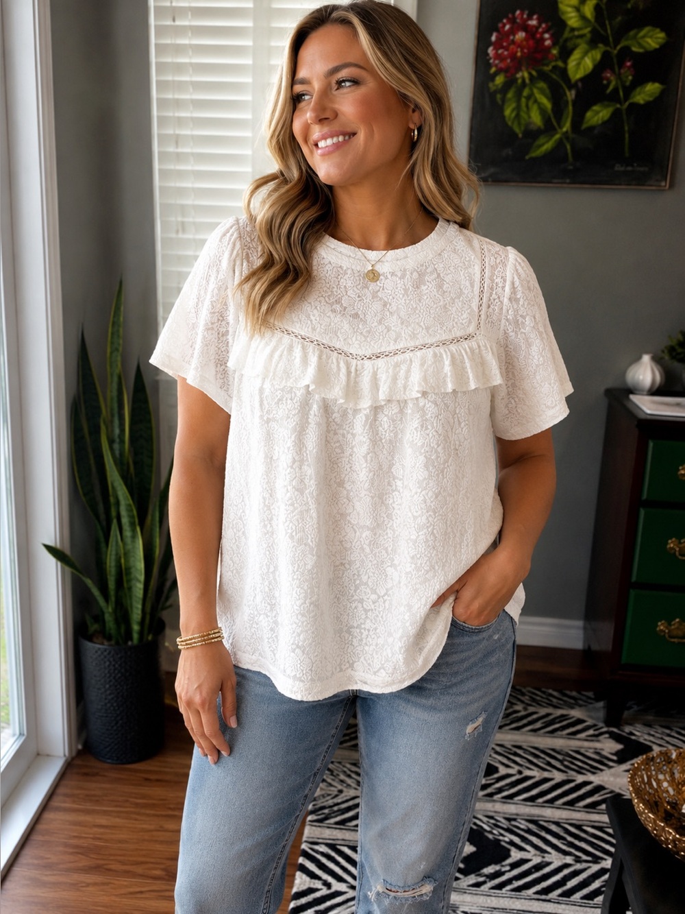 LOFT Cream Lace Ruffle Yoke Short Sleeve Blouse